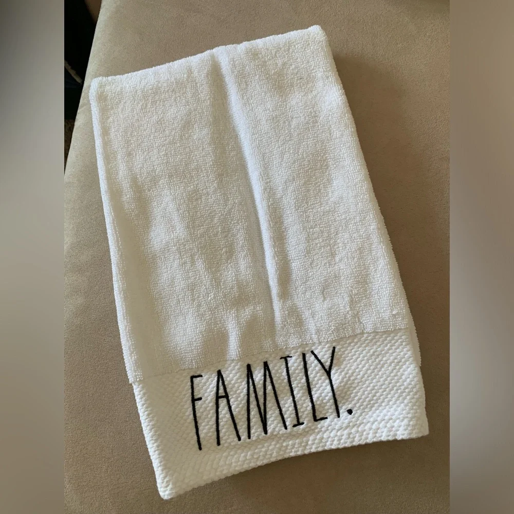 Rae Dunn FAMILY white bathroom hand towel